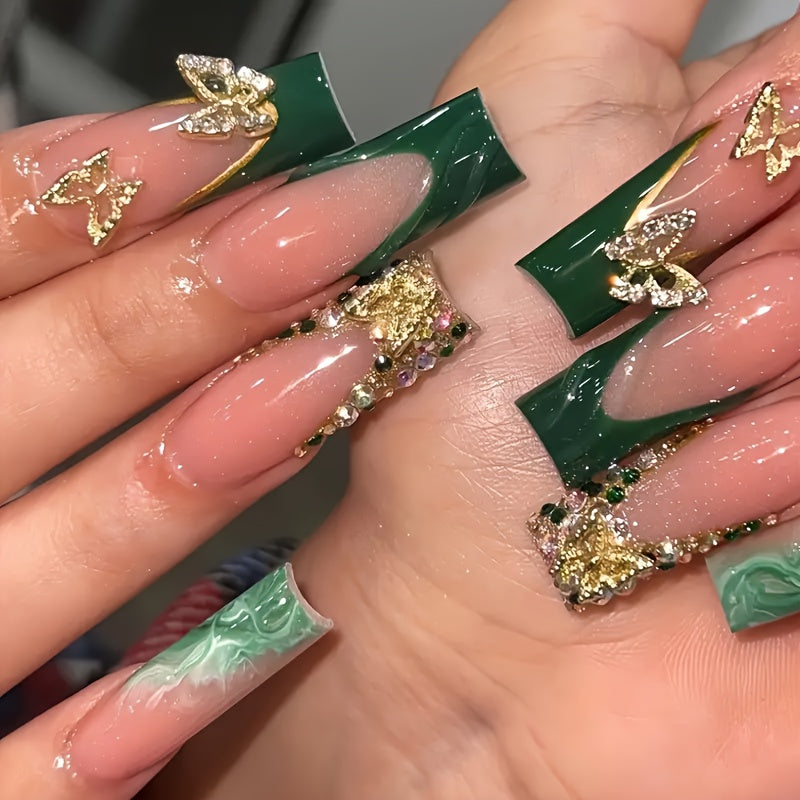 24-Piece Green Square Medium Length Press-On Nails with Golden Butterfly Glitter Design, Glossy Finish, Animal Pattern, Includes Nail File and Jelly Adhesive for Easy Application - Suitable for Women and Girls